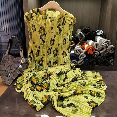 Women's Chic Summer Dress Super Elegant Pleated Design Casual Midi Length Chiffon Wide Swing Long Skirt Leopard High-End
