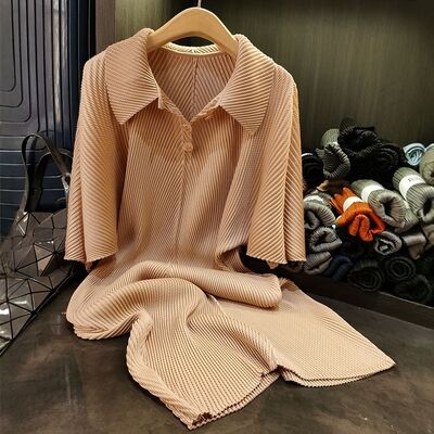 Mid-Length Satin Skirt Elegant Casual Dragon Scale Pleated Lapel Pure Color Spring Summer New Dress Solid