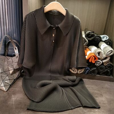 Mid-Length Satin Skirt Elegant Casual Dragon Scale Pleated Lapel Pure Color Spring Summer New Dress Solid