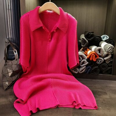 Mid-Length Satin Skirt Elegant Casual Dragon Scale Pleated Lapel Pure Color Spring Summer New Dress Solid