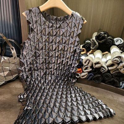 Women's Unique Asymmetrical Satin Vest Skirt Beveled Pleated Sleeveless Glossy Pleats Loose Niche Casual Washable Solid