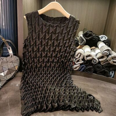 Women's Unique Asymmetrical Satin Vest Skirt Beveled Pleated Sleeveless Glossy Pleats Loose Niche Casual Washable Solid