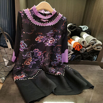 Mid-Length Dress New Chinese Loose Plus Size Beaded Print Casual Mid-Length Dress for Spring Slimming New