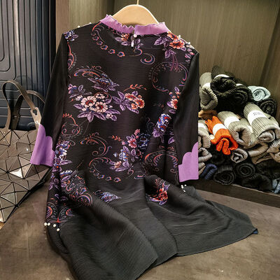 Mid-Length Dress New Chinese Loose Plus Size Beaded Print Casual Mid-Length Dress for Spring Slimming New