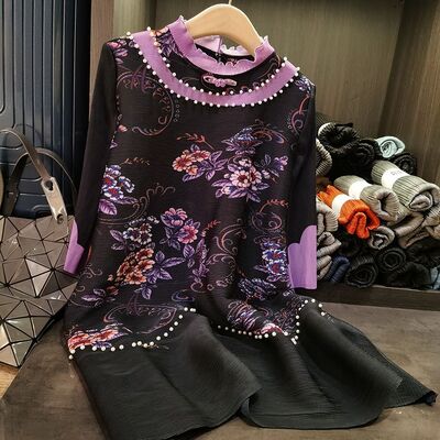 Mid-Length Dress New Chinese Loose Plus Size Beaded Print Casual Mid-Length Dress for Spring Slimming New