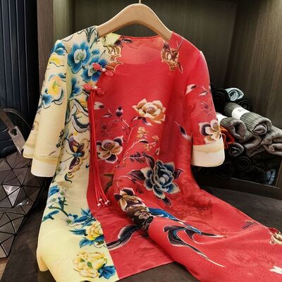 Spring Summer New Fashion Mid-Length Floor-Length Skirts Chinoiserie Floral Floral Print Pleated Loose Fit Large Size for