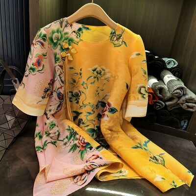 Spring Summer New Fashion Mid-Length Floor-Length Skirts Chinoiserie Floral Floral Print Pleated Loose Fit Large Size for
