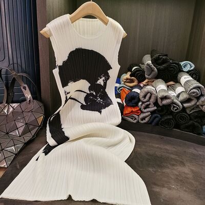 High-End Pleated Floral Dress Loose Slim Ladylike Elegant Sleeveless Round Neck Versatile Floor-Length Long Skirt