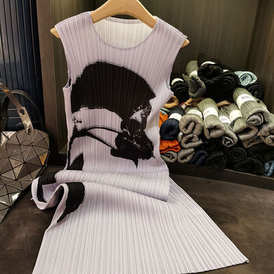 High-End Pleated Floral Dress Loose Slim Ladylike Elegant Sleeveless Round Neck Versatile Floor-Length Long Skirt