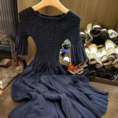 High-End Mid-Length Dress Versatile Temperament with Slimming Effect Solid Color Woven Plain Dyed