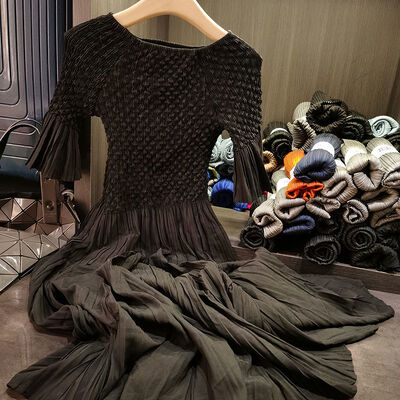 High-End Mid-Length Dress Versatile Temperament with Slimming Effect Solid Color Woven Plain Dyed