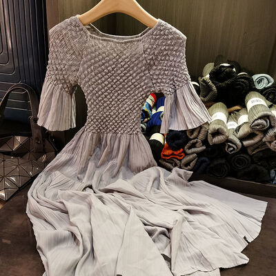 High-End Mid-Length Dress Versatile Temperament with Slimming Effect Solid Color Woven Plain Dyed