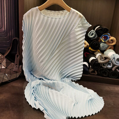 Women's Summer New Pleated Loose Plus Size Midi Dress Solid Color round Neck Woven Irregular Dress