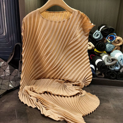 Women's Summer New Pleated Loose Plus Size Midi Dress Solid Color round Neck Woven Irregular Dress