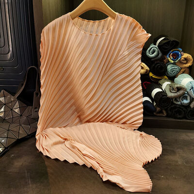 Women's Summer New Pleated Loose Plus Size Midi Dress Solid Color round Neck Woven Irregular Dress