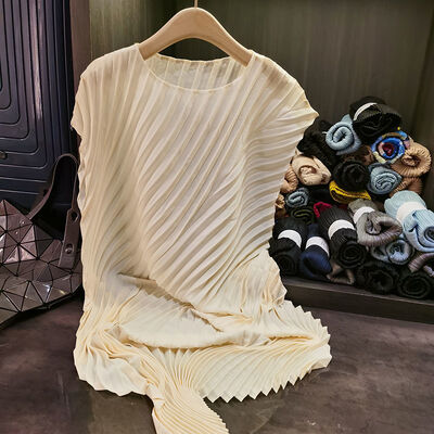 Women's Summer New Pleated Loose Plus Size Midi Dress Solid Color round Neck Woven Irregular Dress