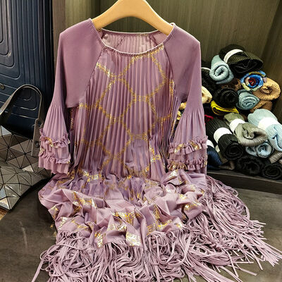 Women's Pleated Dress with Gold Foil Print Tassel-Less Mid-Length Chiffon Skirt Socialite Look