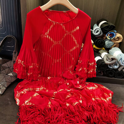 Women's Pleated Dress with Gold Foil Print Tassel-Less Mid-Length Chiffon Skirt Socialite Look