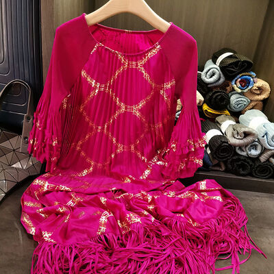 Women's Pleated Dress with Gold Foil Print Tassel-Less Mid-Length Chiffon Skirt Socialite Look