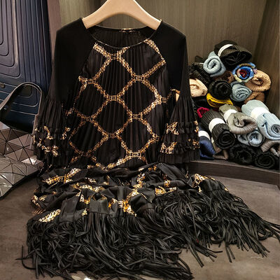 Women's Pleated Dress with Gold Foil Print Tassel-Less Mid-Length Chiffon Skirt Socialite Look