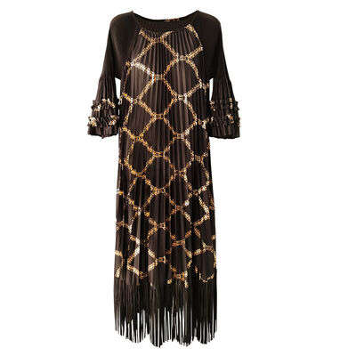 Women's Pleated Dress with Gold Foil Print Tassel-Less Mid-Length Chiffon Skirt Socialite Look
