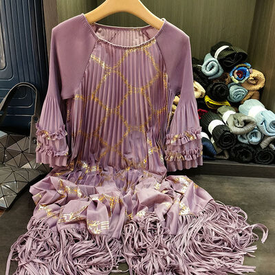 Women's Pleated Dress with Gold Foil Print Tassel-Less Mid-Length Chiffon Skirt Socialite Look