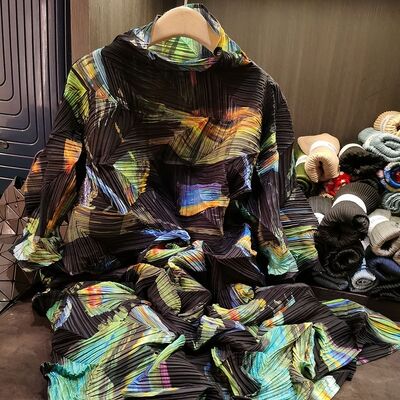 Casual Printed Dress High-End Waist Lace-Up Pleated Long Skirt for Spring European American Cross-Border New