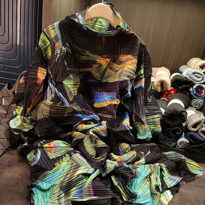 Casual Printed Dress High-End Waist Lace-Up Pleated Long Skirt for Spring European American Cross-Border New