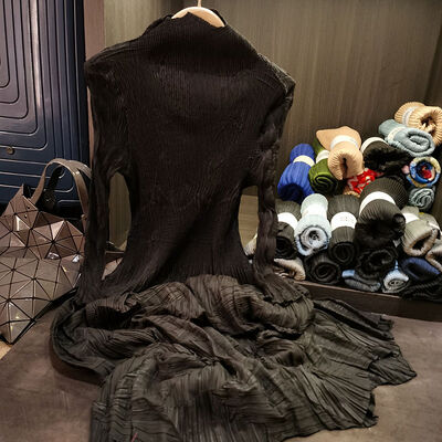 Inspired Women's Elegant Pleated Midi Dress High-End Satin with Natural Waist Cinching Long Sleeve Casual Style Size XS