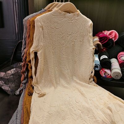 Women's High-End Casual Dress New Solid Color Long-Sleeved Slim Mid-Length A-Line Skirt Pleated Lace Stitching Chiffon