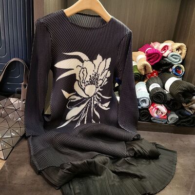 Pleated Floral Chiffon Elegant Slim Long-Sleeved Office Maxi Dress Floor-Length Summer Neck Print