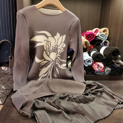 Pleated Floral Chiffon Elegant Slim Long-Sleeved Office Maxi Dress Floor-Length Summer Neck Print