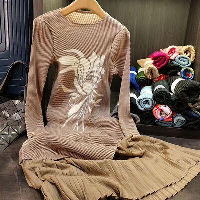 Pleated Floral Chiffon Elegant Slim Long-Sleeved Office Maxi Dress Floor-Length Summer Neck Print