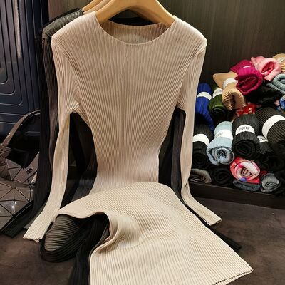 Women's High-End  Long-Sleeved Dress New Spring Fashion High-Elastic Mid-Length Skirt Casual Neck Solid Natural
