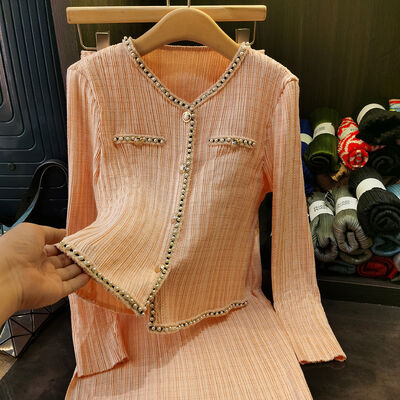 Women's Spring Two-piece Set New Fashionable Bead Pleated High Waisted Skirt