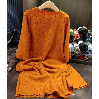 Women's Spring New Casual Elegant Mid-Length Dress Heavy Embroidery Embossed Pleated A-Line High-End Loose Plus Chiffon