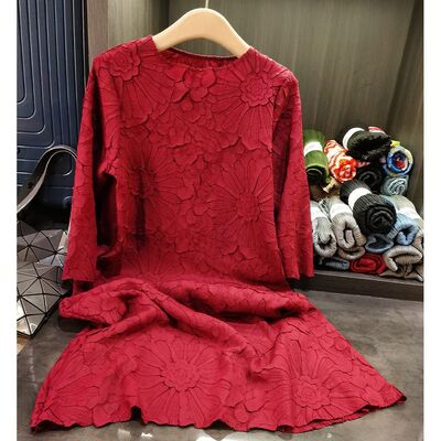 Women's Spring New Casual Elegant Mid-Length Dress Heavy Embroidery Embossed Pleated A-Line High-End Loose Plus Chiffon
