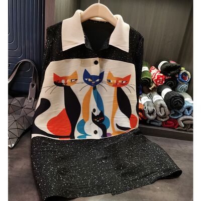 Women's Spring New Style Dress with Printed Pleated Collar Fashionable Loose Midi Skirt Chiffon Natural Waistline for Commuting