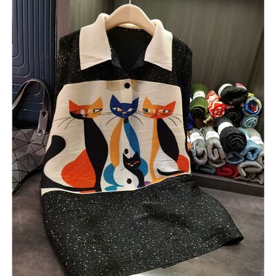 Women's Spring New Style Dress with Printed Pleated Collar Fashionable Loose Midi Skirt Chiffon Natural Waistline for Commuting