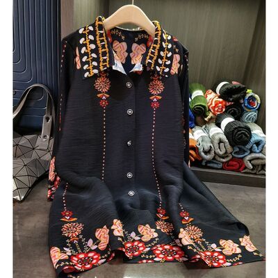 High-End Black Women's Casual Printed Pleated Dress Western-Style Spring New Loose Large Size Embroidery Mother's Wear