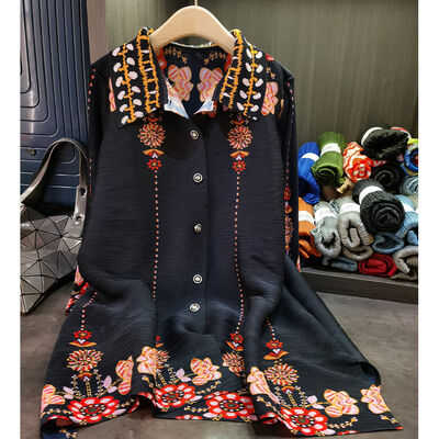 High-End Black Women's Casual Printed Pleated Dress Western-Style Spring New Loose Large Size Embroidery Mother's Wear