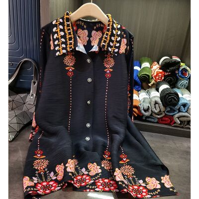 High-End Black Women's Casual Printed Pleated Dress Western-Style Spring New Loose Large Size Embroidery Mother's Wear