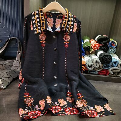 High-End Black Women's Casual Printed Pleated Dress Western-Style Spring New Loose Large Size Embroidery Mother's Wear