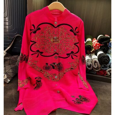 Women's Elegant Loose Long-Sleeved Midi Shirt Dress Retro Floral Printed Pleated Dress for Spring Casual for Mother's