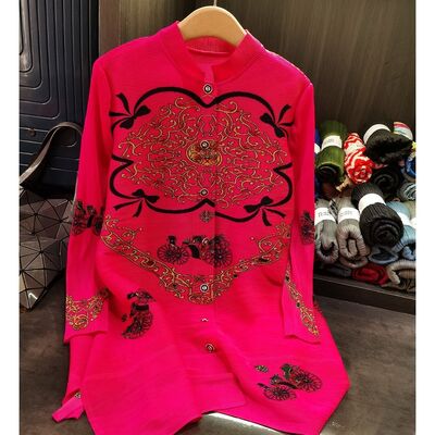 Women's Elegant Loose Long-Sleeved Midi Shirt Dress Retro Floral Printed Pleated Dress for Spring Casual for Mother's