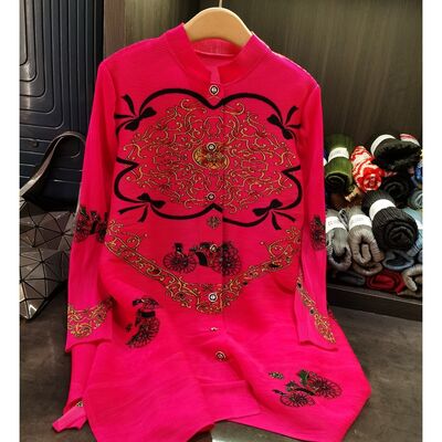 Women's Elegant Loose Long-Sleeved Midi Shirt Dress Retro Floral Printed Pleated Dress for Spring Casual for Mother's