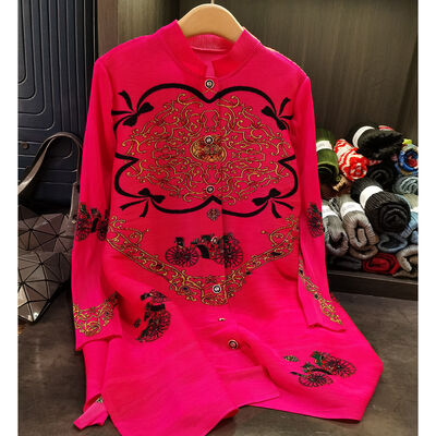 Women's Elegant Loose Long-Sleeved Midi Shirt Dress Retro Floral Printed Pleated Dress for Spring Casual for Mother's