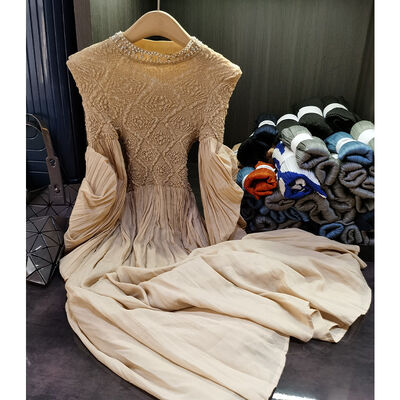 High-end Quality Nail-beaded Round Neck Princess Sleeve Pleated Dress Temperament Lady Banquet Dress Dress Female New Fall Style