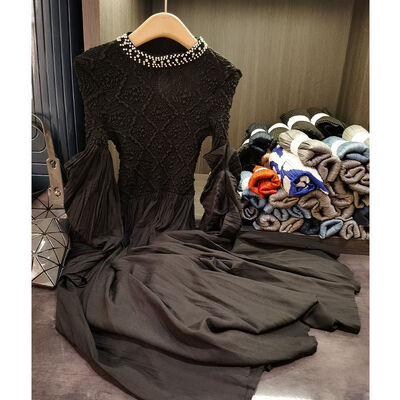 High-end Quality Nail-beaded Round Neck Princess Sleeve Pleated Dress Temperament Lady Banquet Dress Dress Female New Fall Style
