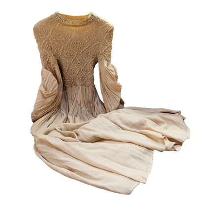 High-end Quality Nail-beaded Round Neck Princess Sleeve Pleated Dress Temperament Lady Banquet Dress Dress Female New Fall Style